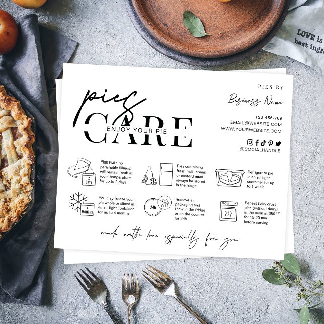 Cartão De Agradecimento Instruções para o tratamento de tortas Mínimo para (Minimalist pie care instructions card with icons, space for your business info and thank you note)