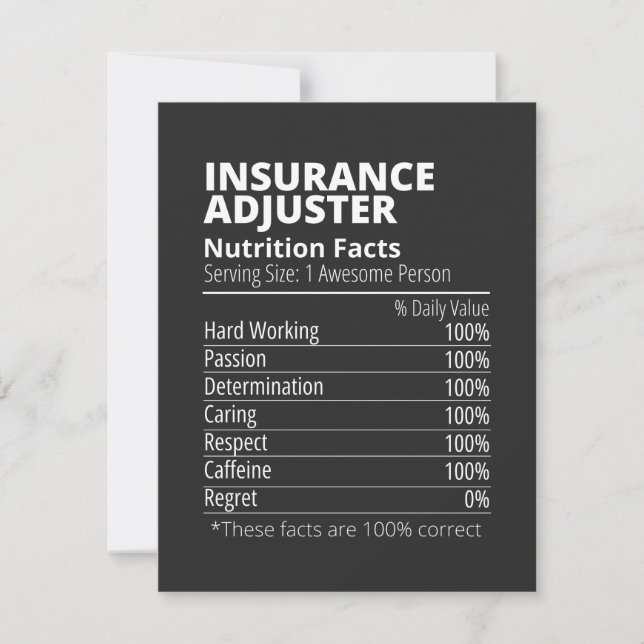 Cartão De Agradecimento Insurance Adjuster Nutrition Facts Funny (Frente)