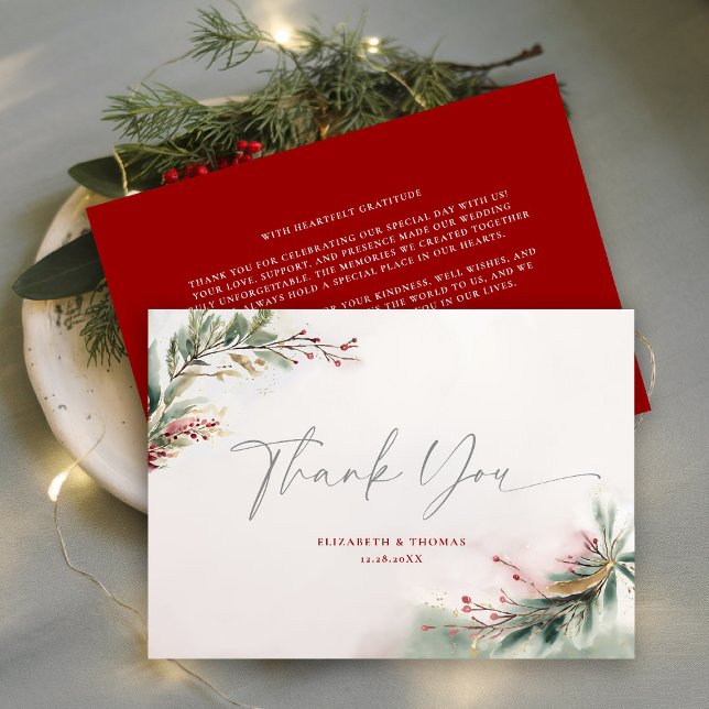 Cartão De Agradecimento Inverno Natal Aquarela Verde Verde Verde Verde Ver (winter christmas wedding bridal shower thank you greenery botanical berries red green watercolor)