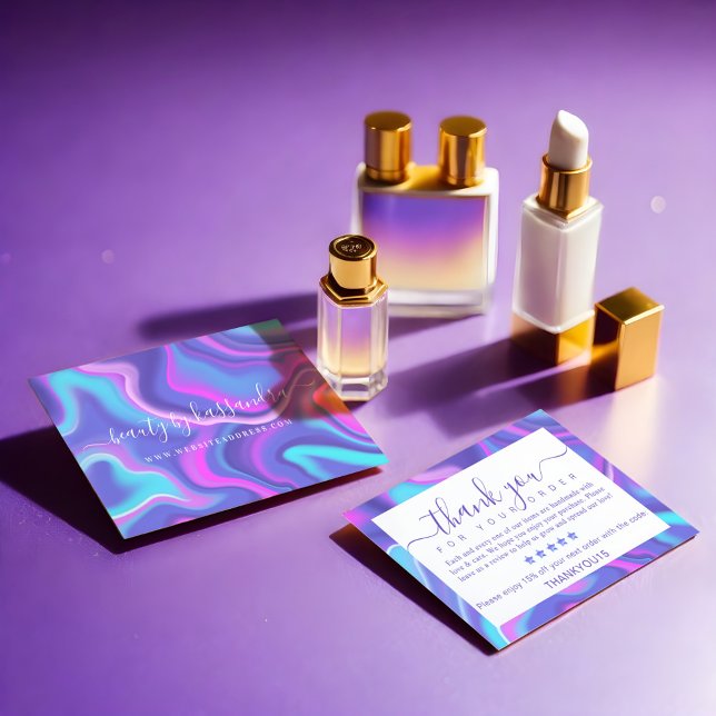 Cartão De Agradecimento Iridescente Holographic Obrigado pela sua encomend (Pink Abstract Iridescent Holographic Beauty Artist Appointment Card)