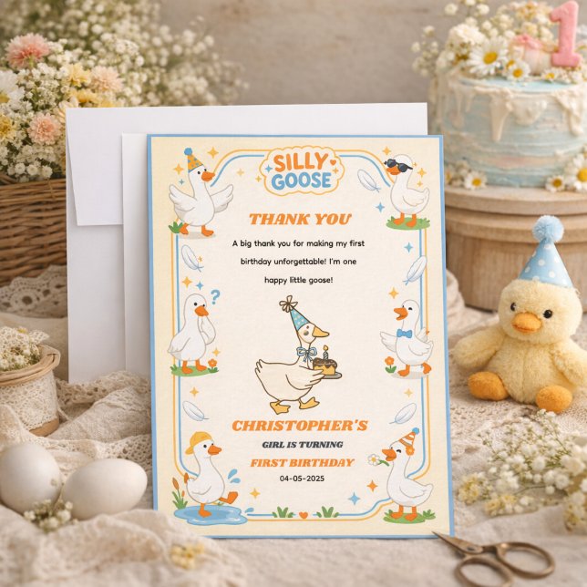 Cartão De Agradecimento It’s ONE Silly Goose Retro 1st Birthday Fun Modern (It’s ONE Silly Goose Retro 1st Birthday Fun Modern Party Thank You Card)