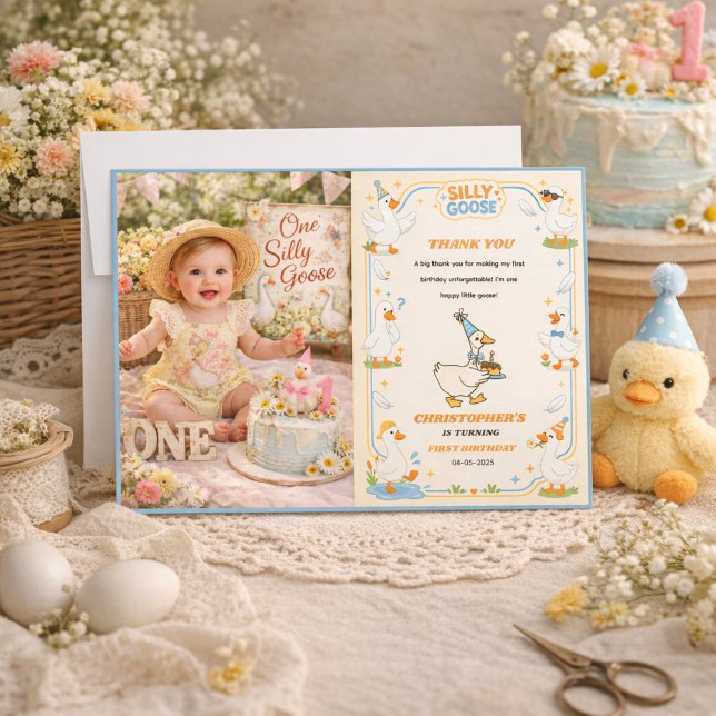 Cartão De Agradecimento It’s ONE Silly Goose Retro 1st Birthday Fun Modern (It’s ONE Silly Goose Retro 1st Birthday Fun Modern Party Thank You Card)