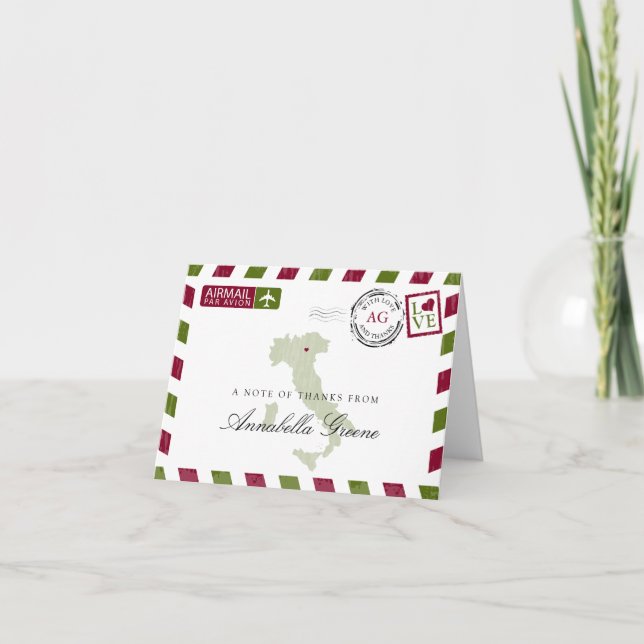Cartão De Agradecimento Itália Green and Red Airmail Obrigado (Frente)