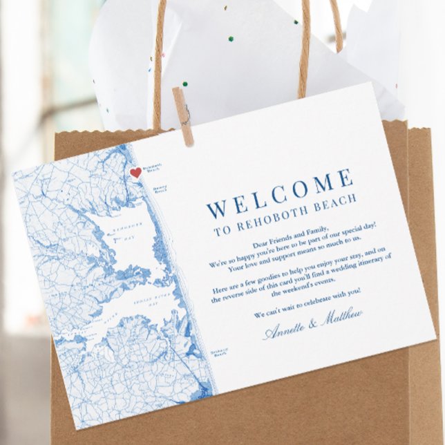 Cartão De Agradecimento Itinerário de Boas-vindas ao Casamento de Praia Re (Rehoboth Beach Wedding Weekend Itinerary card with welcome letter from Coastal Map Designs)