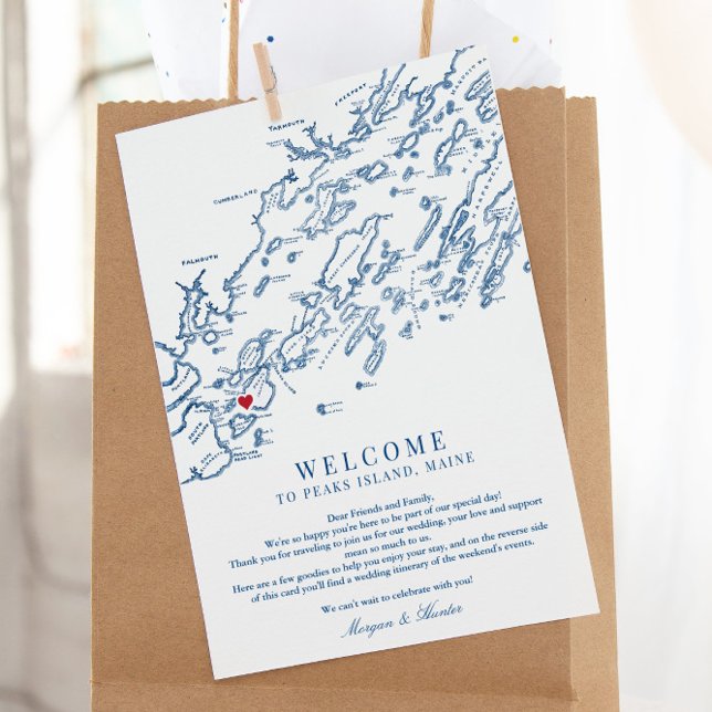 Cartão De Agradecimento Itinerário de Boas-vindas ao Casamento Maine da Il (These Peaks Island Maine wedding welcome letters include your wedding itinerary on the back)