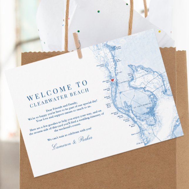 Cartão De Agradecimento Itinerário de Boas-vindas do Casamento Azul FL Bea (Clearwater Beach FL Wedding Welcome letter and Schedule Itinerary in elegant navy blue )