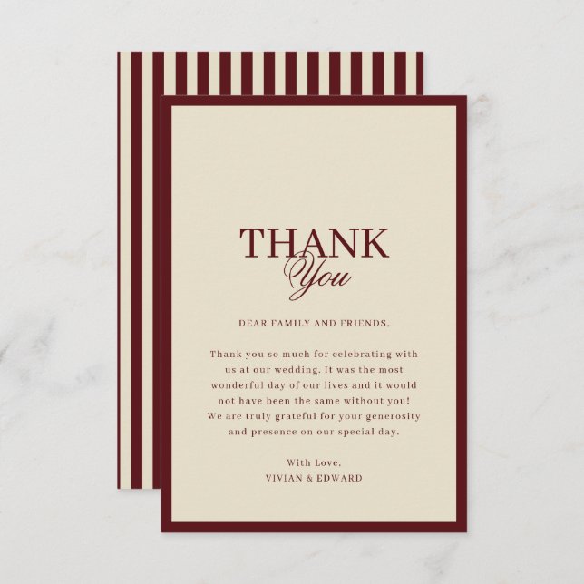 Cartão De Agradecimento Ivory & Burgundy Stripes Border Retro Wedding (Frente/Verso)
