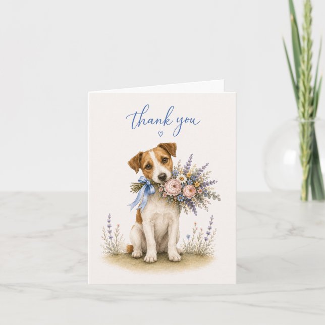 Cartão De Agradecimento Jack Russell Terrier Buquê de Flores Obrigado (Frente)