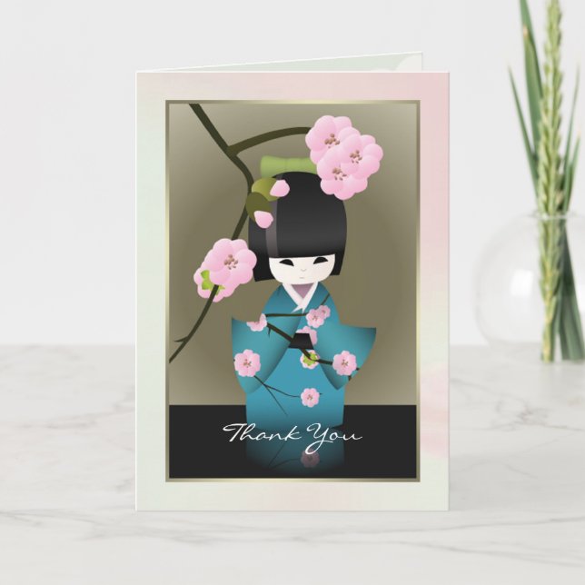 Cartão De Agradecimento Japanese woman in Kimono and Sakura Thank you (Frente)
