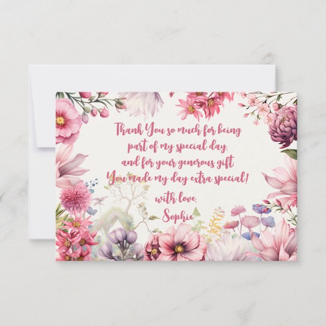 Cartão De Agradecimento Jardim de fadas aquarela aniversário infantil (Frente)