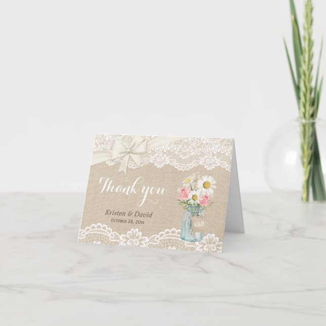 Cartão De Agradecimento Jarra de Pedra com Renda Rústica Floral Obrigado (Frente)