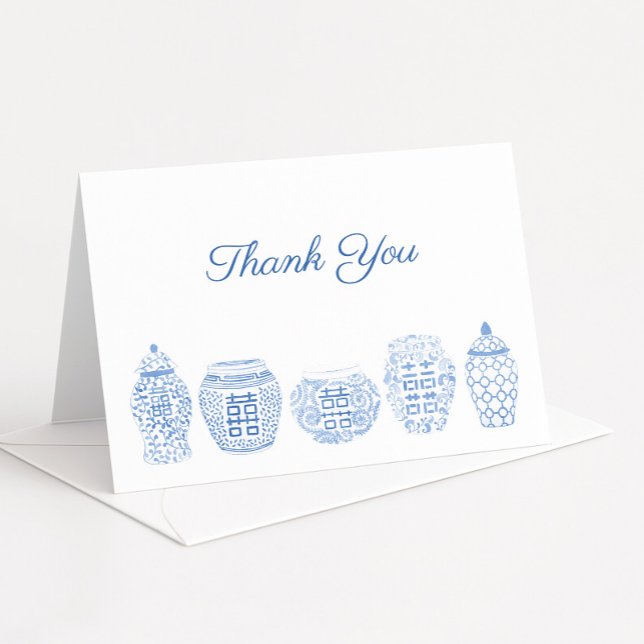 Cartão De Agradecimento Jarras de Gengibre Clássicas Azuis e Brancas South (Simple blue and white watercolor ginger jars thank you card design)