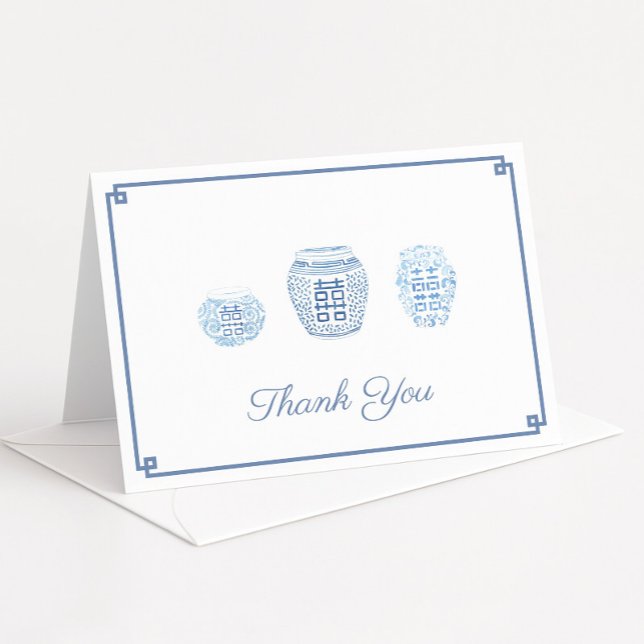 Cartão De Agradecimento Jarras De Gengibre De Pré-Disquete Azul E Branco P (Elegant thank you cards featuring watercolor ginger jars with dark blue greek key border)