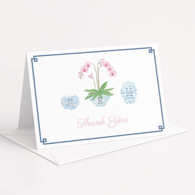 Cartão De Agradecimento Jarras de Noiva Elegantes de Gengibre com Orquídea (Smart navy and pink chinoiserie bridal shower thank you card design with watercolor pink orchid)