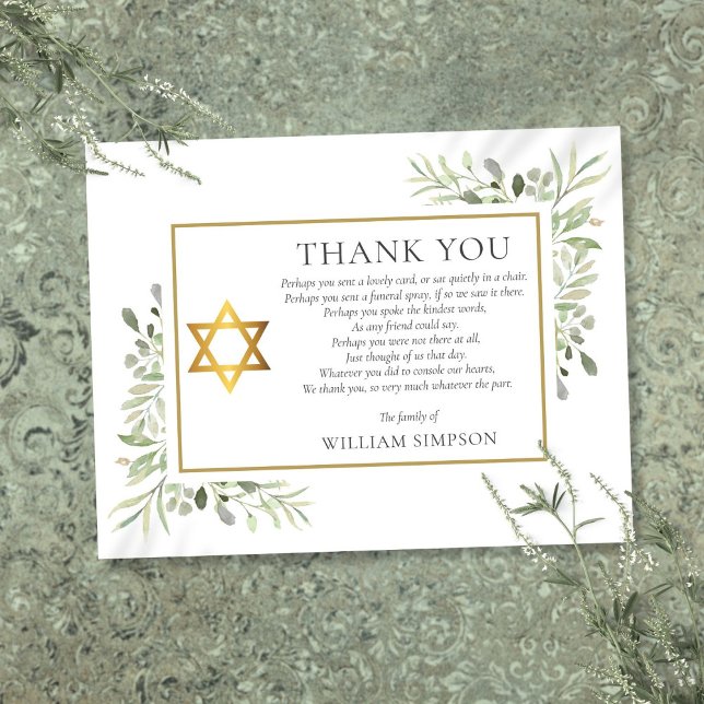 Cartão De Agradecimento Jewish Funeral Dourada Star De David Greenery Poem (Jewish Funeral Gold Star Of David Greenery Poem Thank You Card)