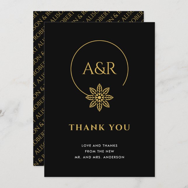 Cartão De Agradecimento Joias elegantes, casamento entre quadros e iniciai (Frente/Verso)