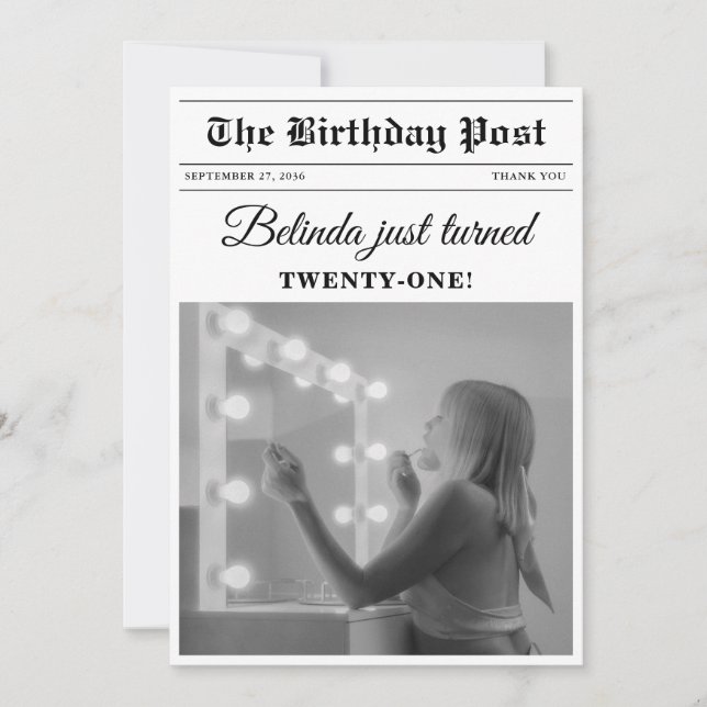 Cartão De Agradecimento Jornais de aniversário diversão Foto em preto e br (Frente)