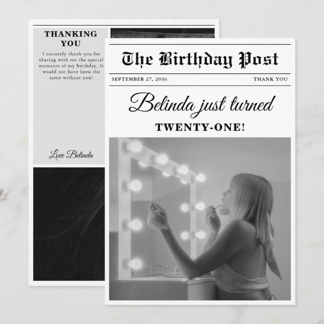 Cartão De Agradecimento Jornais de aniversário diversão Foto em preto e br (Frente/Verso)