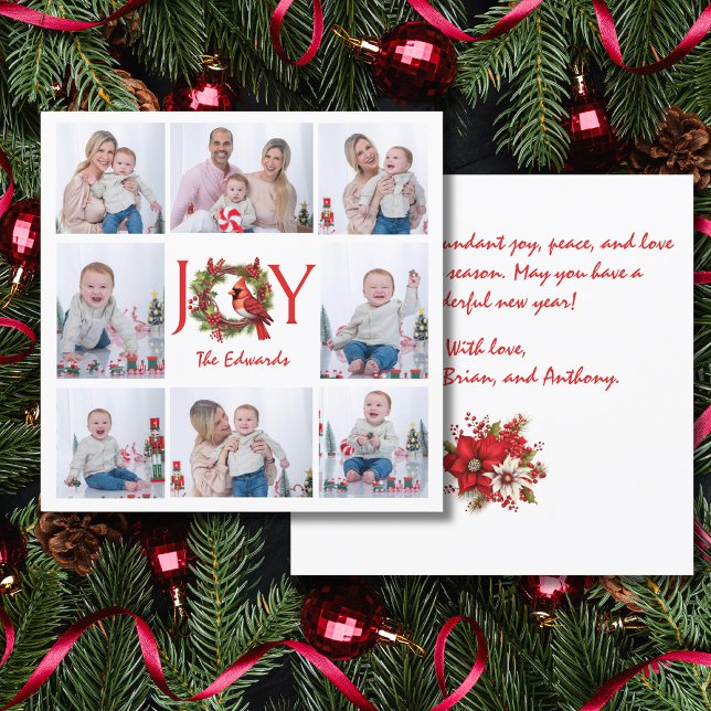 CARTÃO DE AGRADECIMENTO JOY | COLAR OITO PLACAS DE NATAL FOTOS (This lovely Christmas collage card will let you share JOY with friends and family. Buy it today!)