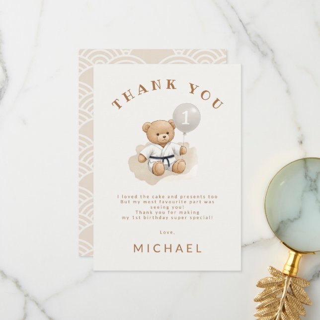 Cartão De Agradecimento Judo Bear Turns One" – 1st Birthday 【Black-belt】 (Frente/Verso In Situ)