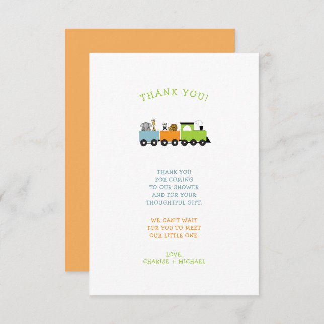 Cartão De Agradecimento JUNGLE ANIMAL TRAIN chá de fraldas, obrigado (Frente/Verso)