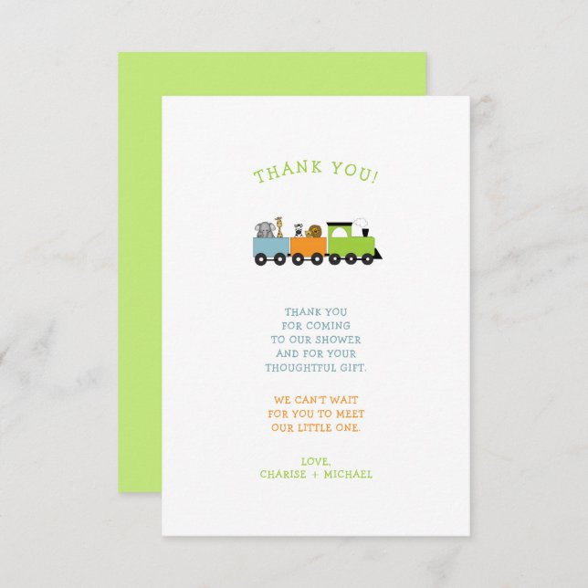 Cartão De Agradecimento JUNGLE ANIMAL TRAIN chá de fraldas, obrigado (Frente/Verso)