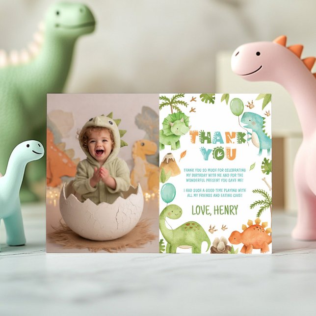 Cartão De Agradecimento Jungle Dinosaur Cute Boy Birthday Party Photo (Criador carregado)
