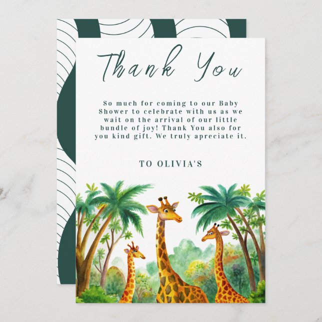 Cartão De Agradecimento Jungle Giraffe Cute Elegante Chá de fraldas Alô (Frente/Verso)