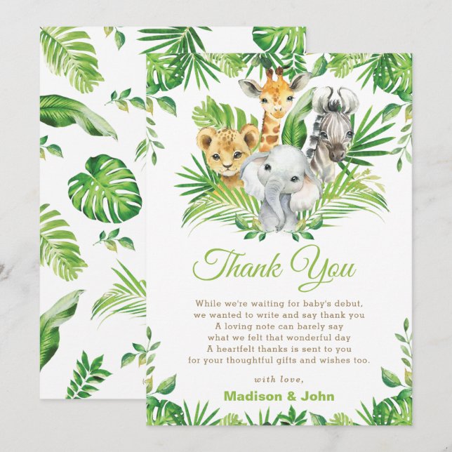 Cartão De Agradecimento Jungle Safari Animals Greenery Neutral Baby Shower (Frente/Verso)