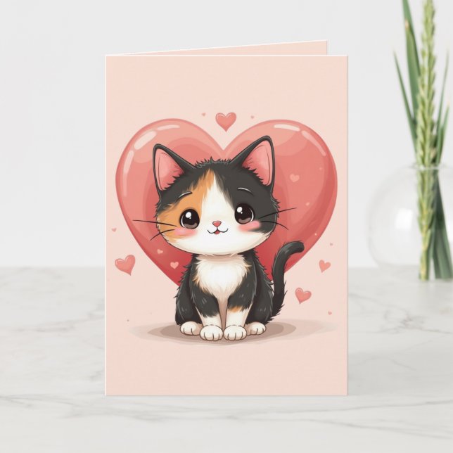 Cartão De Agradecimento Kawaii Calico Cat Heart Valentine Design (Frente)