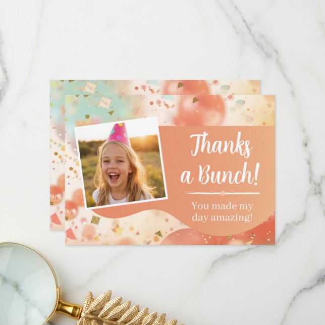 Cartão De Agradecimento Kids Birthday Photo Thanks a Bunch Pastel Confetti (Frente/Verso In Situ)