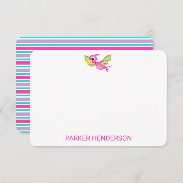 Cartão De Agradecimento Kids Pink Personalizado Dinossauro Stationery (Frente/Verso)
