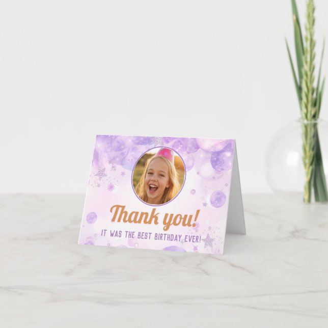 Cartão De Agradecimento Kids Purple Bubbles Glitter Stars Photo Birthday  (Frente)