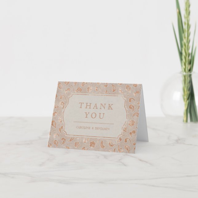 Cartão De Agradecimento Kraft gold Lace rustic country wedding thank you (Frente)