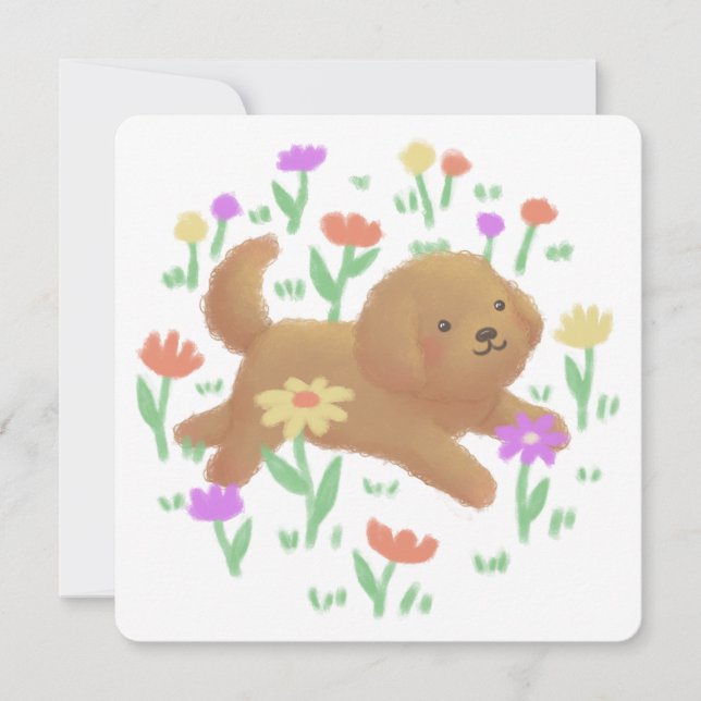Cartão De Agradecimento Labradoodle com Ilustração de Flores (Frente)