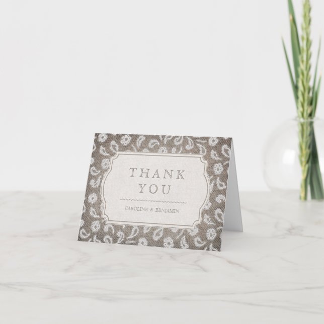 Cartão De Agradecimento Lace and burlap rustic country wedding thank you (Frente)