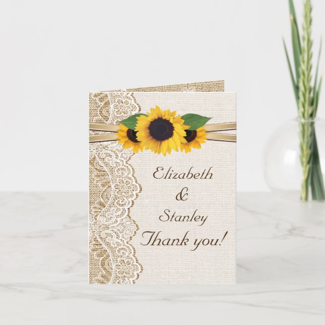 Cartão De Agradecimento Lace, sunflowers and burlap wedding Thank You (Frente)