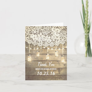 Cartão De Agradecimento Lace Wood Lights Mason Jar Barn Casamento Obrigado