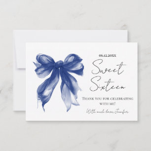 Cartão De Agradecimento Laço Azul Marinho Coquette Script Sweet 16 Obrigad