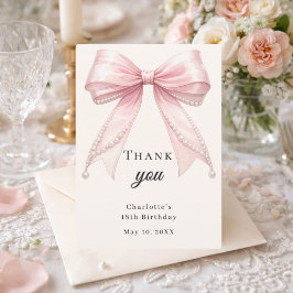 Cartão De Agradecimento Laço de aniversário rosa pérolas marfim elegante