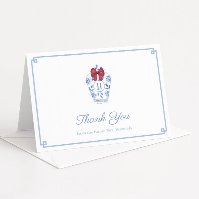Cartão De Agradecimento Laço Vermelho Préppy Monograma Chuveiro de Noiva d (Preppy red Holidays bridal shower thank you cards featuring a ginger jar with monogram & red bow)