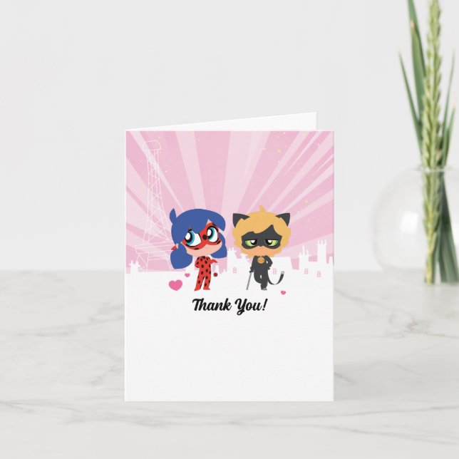 Cartão De Agradecimento Ladybug Milagrosa & Gato Noir Chibi Aniversário (Frente)