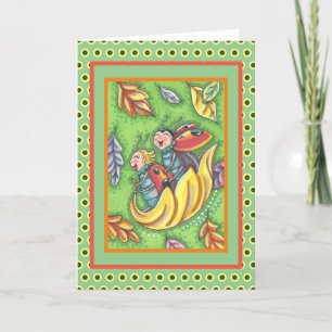 CARTÃO DE AGRADECIMENTO LADYBUGS ESTÁ DIRIGINDO SOBRE AS FOLHAS DO OUTONO,