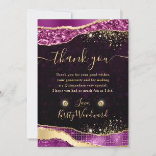 Cartão De Agradecimento Lágrimas de Glitter Roxo e Dourado Glam Quinceaner