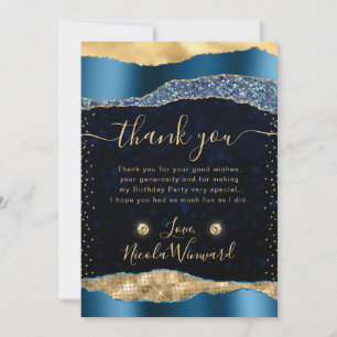 Cartão De Agradecimento Lágrimas Glam de Azul e Dourado Bokeh Aniversário