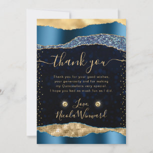 Cartão De Agradecimento Lágrimas Glam de Azul e Dourado Bokeh Quinceanera