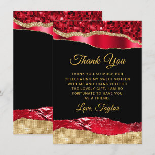 Cartão De Agradecimento Lágrimas Glamurosas de Ouro e Vermelho Sweet Sixte