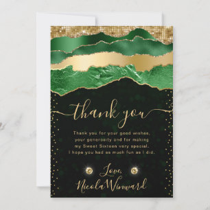 Cartão De Agradecimento Lágrimas Glamurosas Verde e Dourado Sweet Sixteen