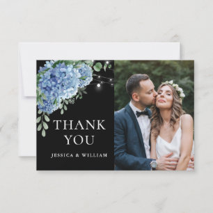 Cartão De Agradecimento Lâmpada de Hortênsia Azul Casamento Boho Preto Fot
