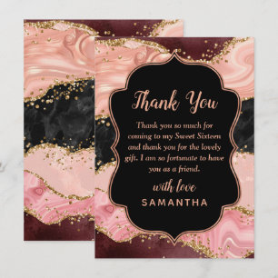 Cartão De Agradecimento Lantejoulas Pretas e Rosas Ágata Sweet Sixteen